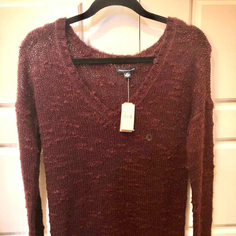 American Eagle Oversized V-Neck Sweater Burgundy/Maroon